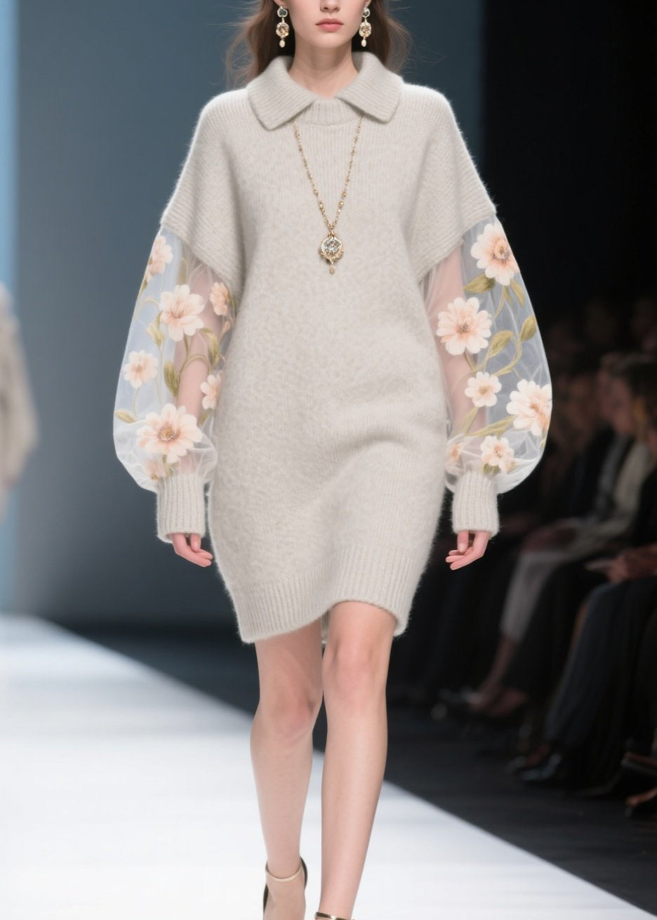 Knit Spread Collar Tulle Floral Embroidered Balloon Sleeve Mini Dress