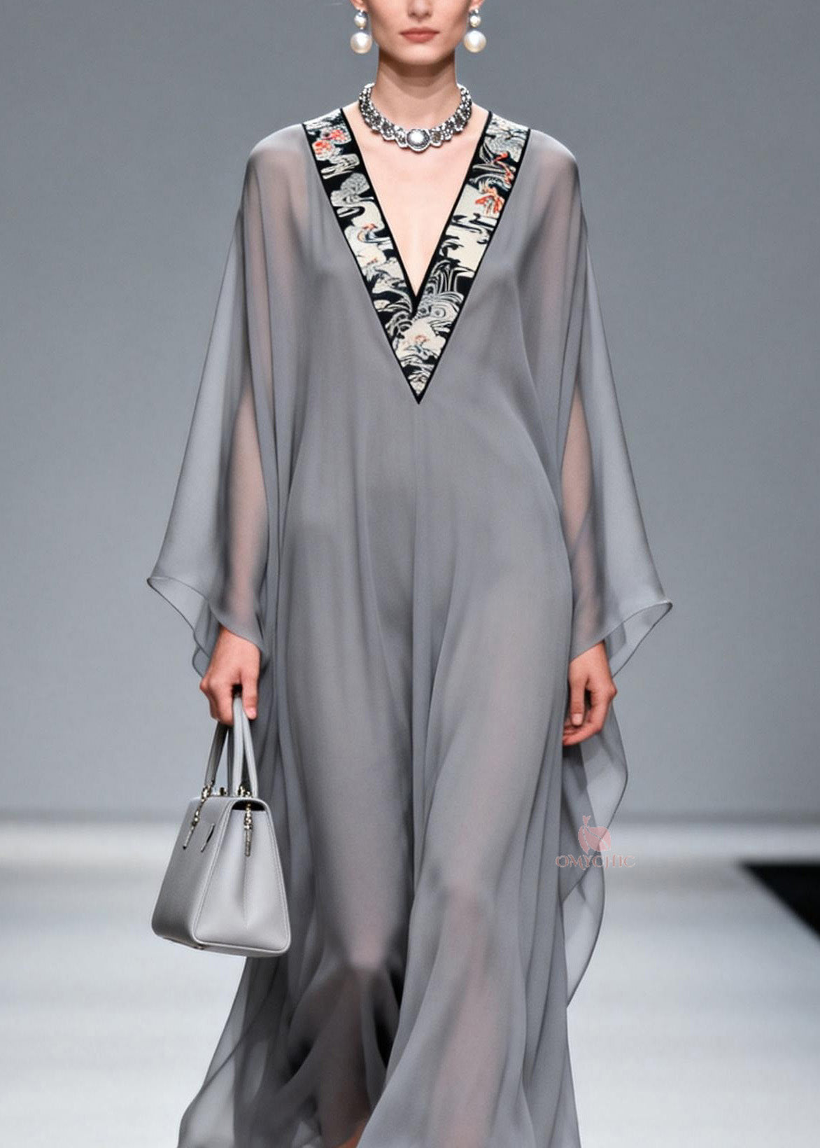 Oriental Embroidered Crane Deep V-Neck Kimono Sleeve Sheer Chiffon Kaftan Maxi Gown