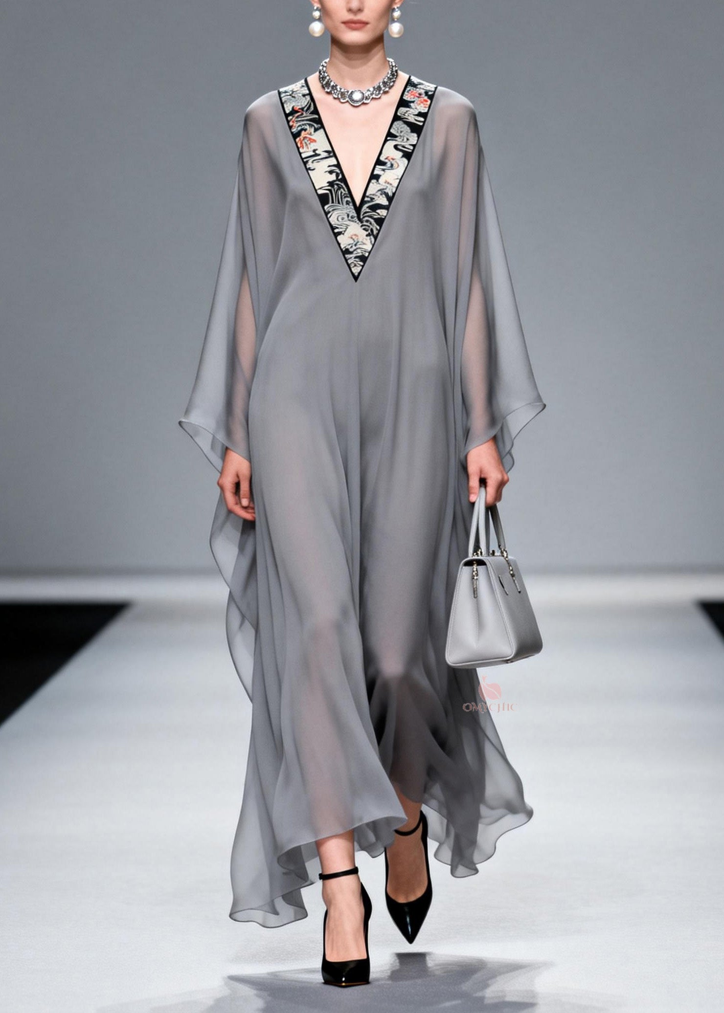 Oriental Embroidered Crane Deep V-Neck Kimono Sleeve Sheer Chiffon Kaftan Maxi Gown