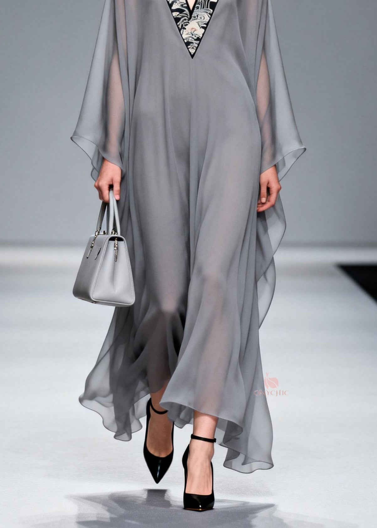 Oriental Embroidered Crane Deep V-Neck Kimono Sleeve Sheer Chiffon Kaftan Maxi Gown