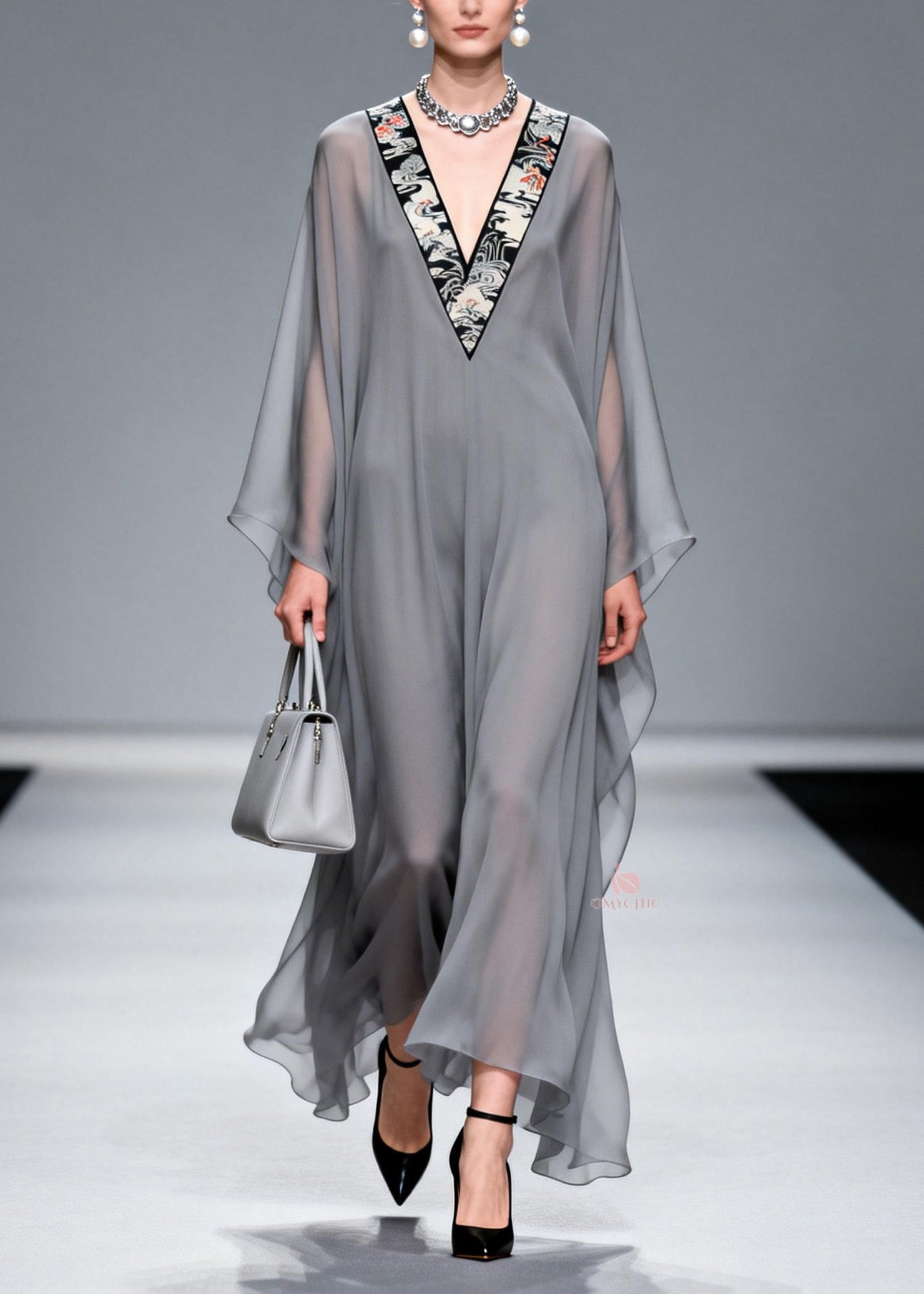 Oriental Embroidered Crane Deep V-Neck Kimono Sleeve Sheer Chiffon Kaftan Maxi Gown