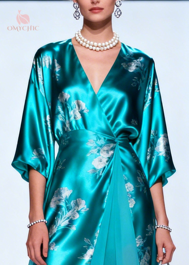 Satin Floral Print Wrap Deep V-Neck Bell Sleeve Chiffon Overlay Maxi Gown