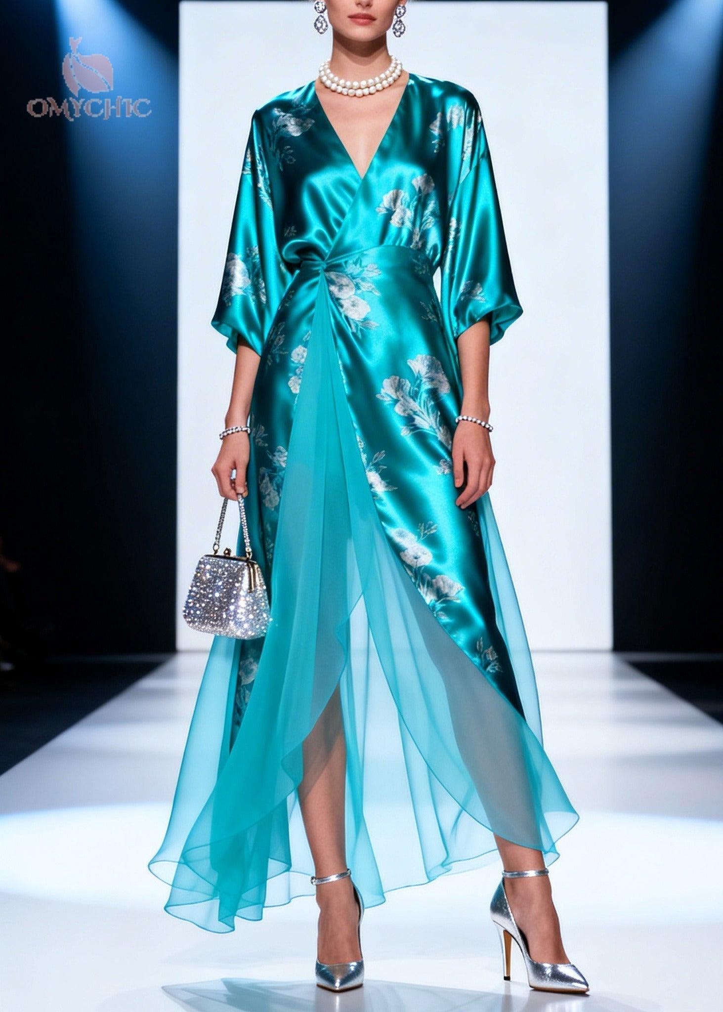 Satin Floral Print Wrap Deep V-Neck Bell Sleeve Chiffon Overlay Maxi Gown