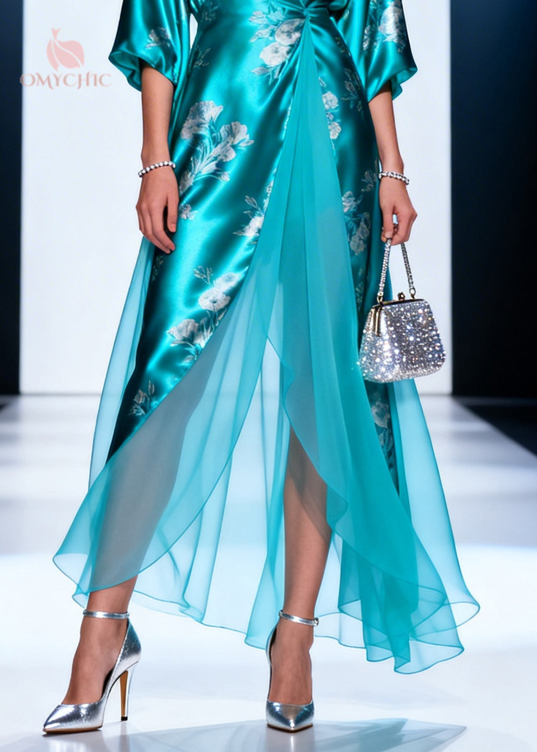 Satin Floral Print Wrap Deep V-Neck Bell Sleeve Chiffon Overlay Maxi Gown