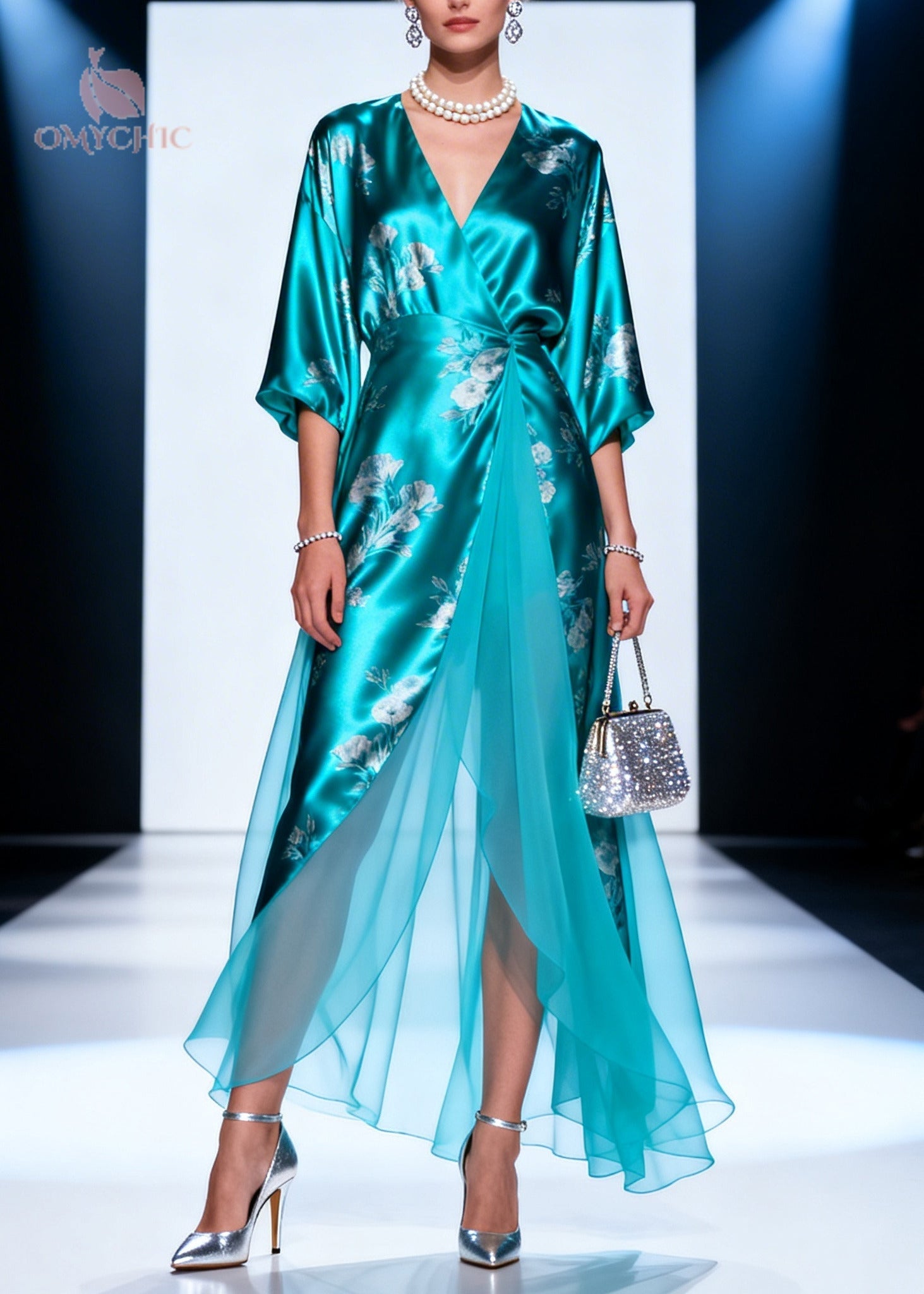 Satin Floral Print Wrap Deep V-Neck Bell Sleeve Chiffon Overlay Maxi Gown