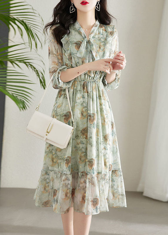 Chiffon Floral Tie Neck Long Sleeve Ruffle Hem Midi Dress