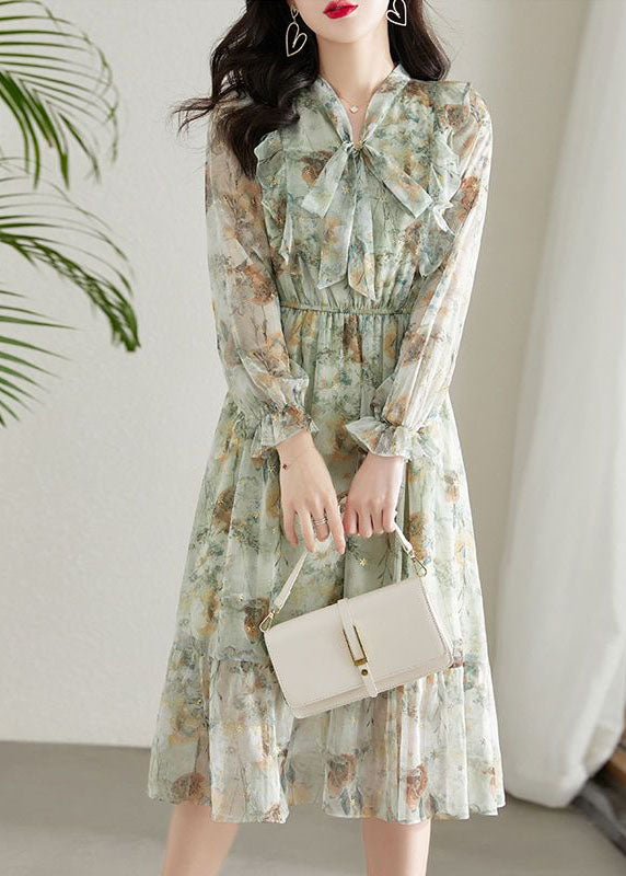 Chiffon Floral Tie Neck Long Sleeve Ruffle Hem Midi Dress