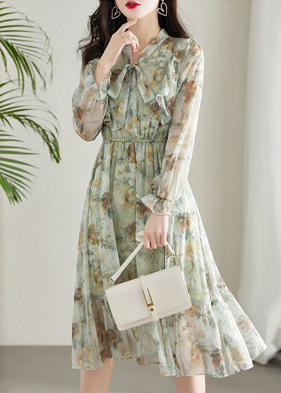 Chiffon Floral Tie Neck Long Sleeve Ruffle Hem Midi Dress