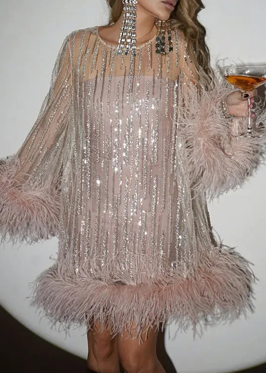 Sequin Mesh Overlay Feather Trim Mock Neck Long Sleeve Mini Party Dress