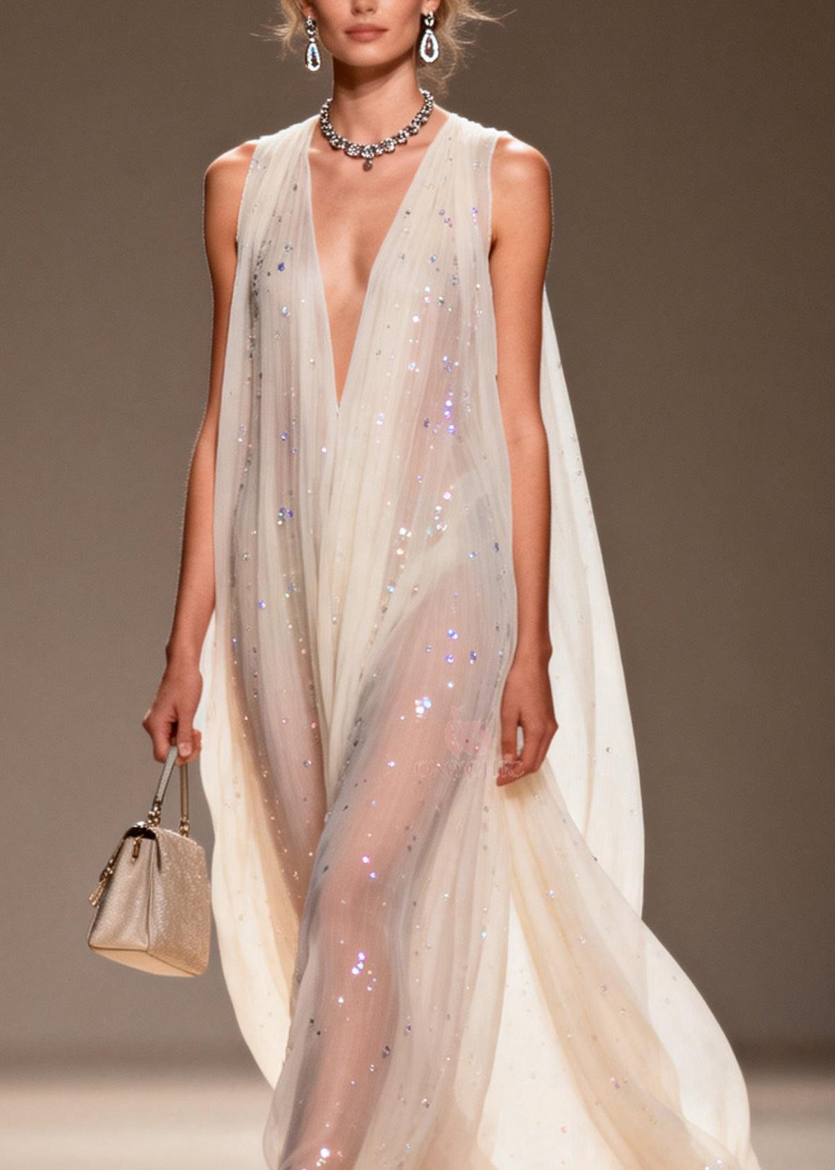 Sequin Scatter Deep V-Neck Sleeveless Sheer Cape Train Maxi Gown