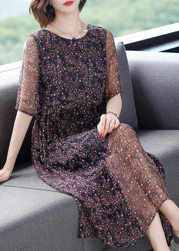 Floral Print Round Neck Short Sleeve Flowy A-Line Midi Dress