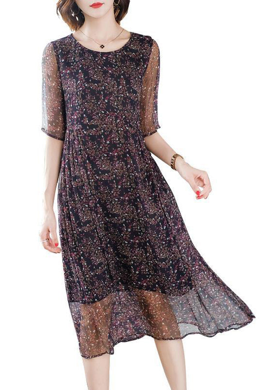 Floral Print Round Neck Short Sleeve Flowy A-Line Midi Dress