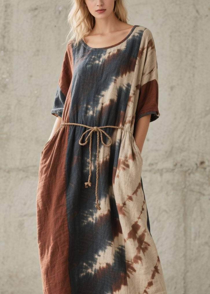 Tie Dye Short Sleeve Rope Tie Pocket Maxi Summer Dress