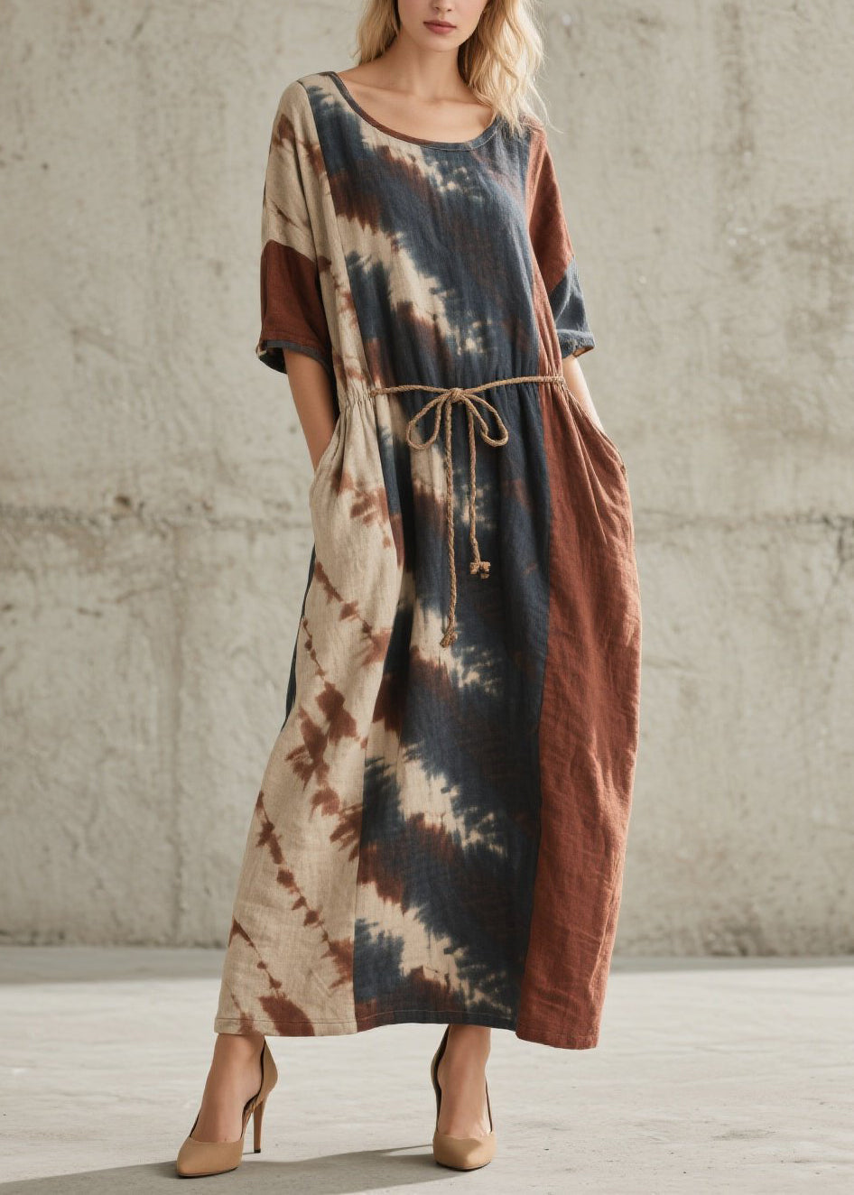 Tie Dye Short Sleeve Rope Tie Pocket Maxi Summer Dress