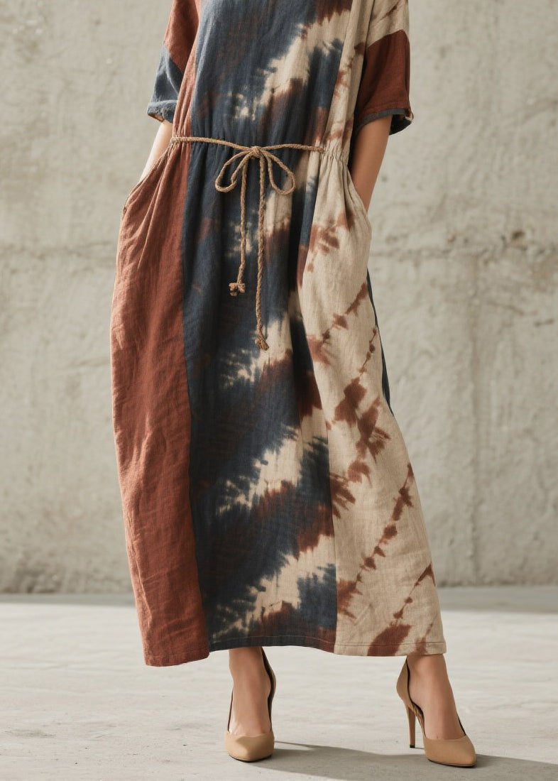 Tie Dye Short Sleeve Rope Tie Pocket Maxi Summer Dress
