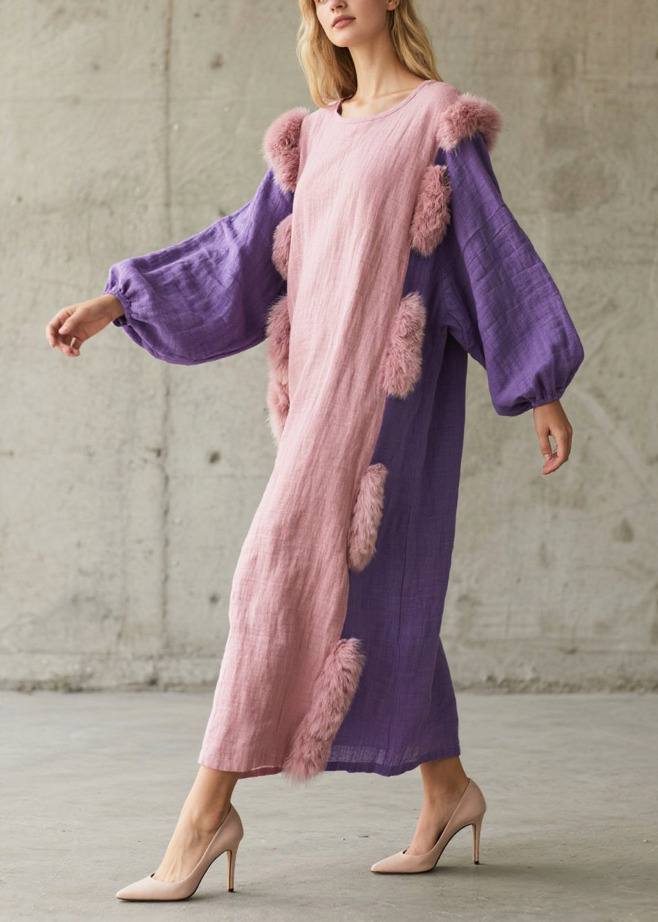 Faux Fur Trim Panelled Balloon Sleeve Textured Maxi Caftan Dress