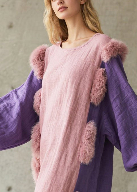 Faux Fur Trim Panelled Balloon Sleeve Textured Maxi Caftan Dress