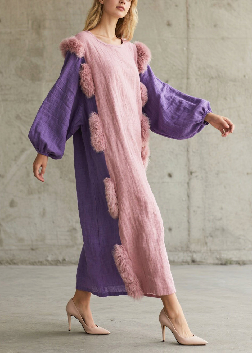 Faux Fur Trim Panelled Balloon Sleeve Textured Maxi Caftan Dress
