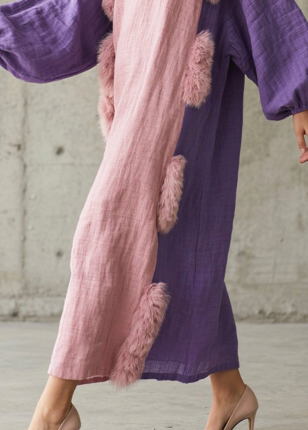 Faux Fur Trim Panelled Balloon Sleeve Textured Maxi Caftan Dress - View 4