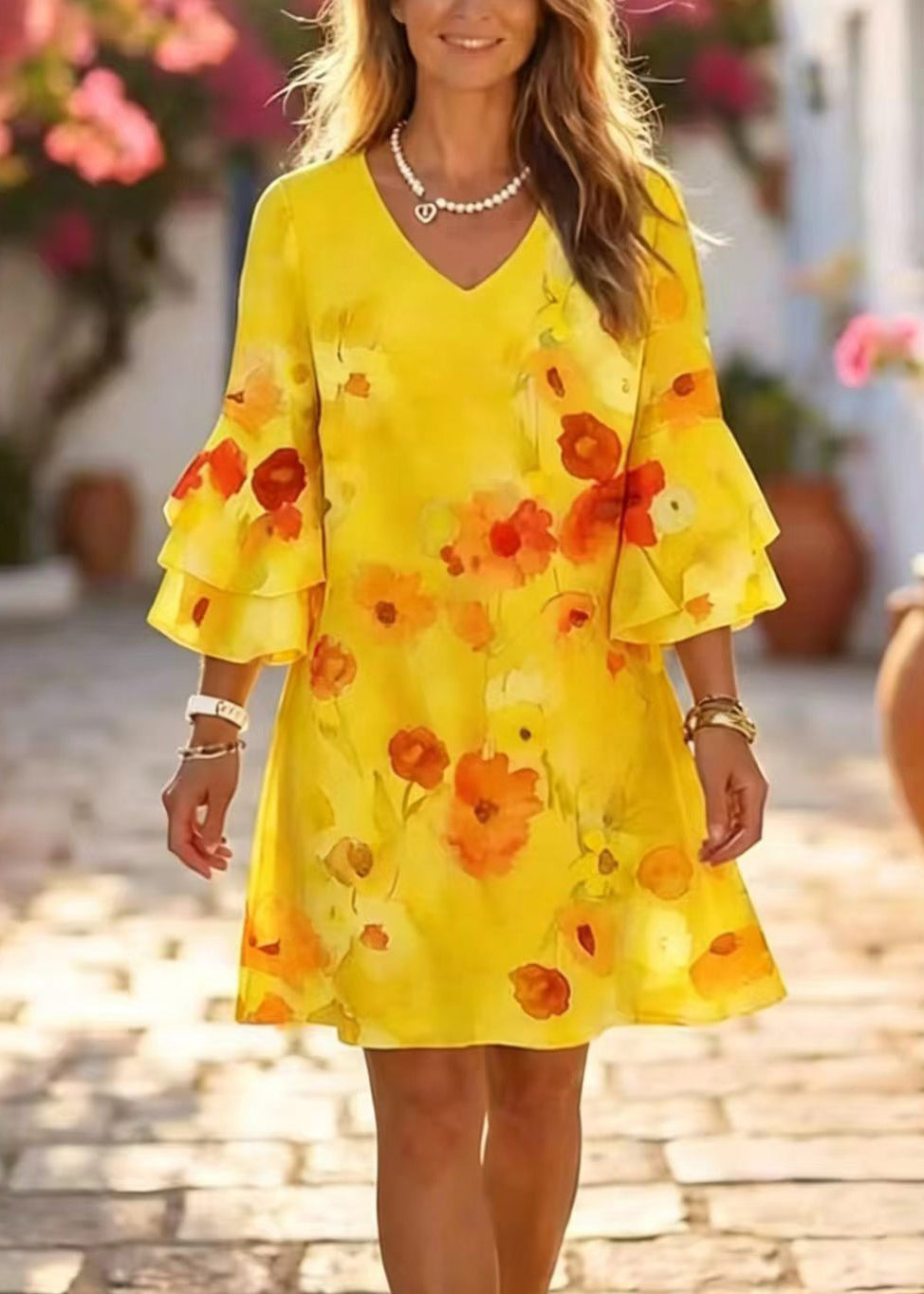 Chic Pink V Neck Print Chiffon Mini Dress Summer 3