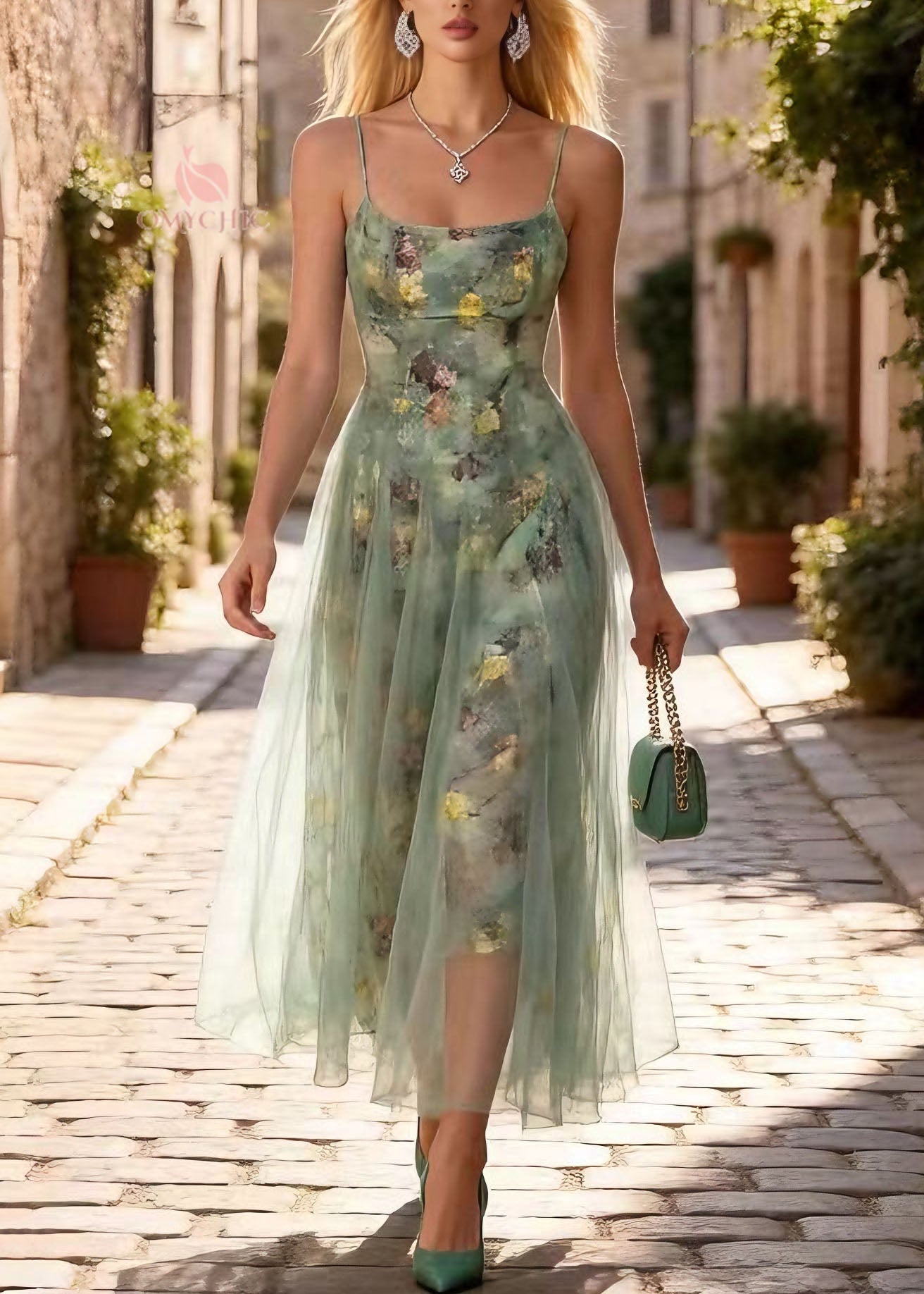 Chic Print Wrinkled Tulle Spaghetti Strap Dress Summer - View 3