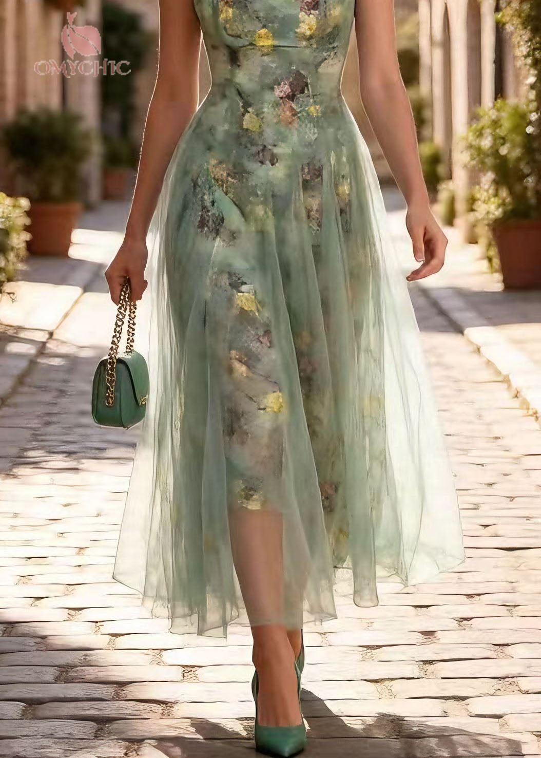 Chic Print Wrinkled Tulle Spaghetti Strap Dress Summer - View 4