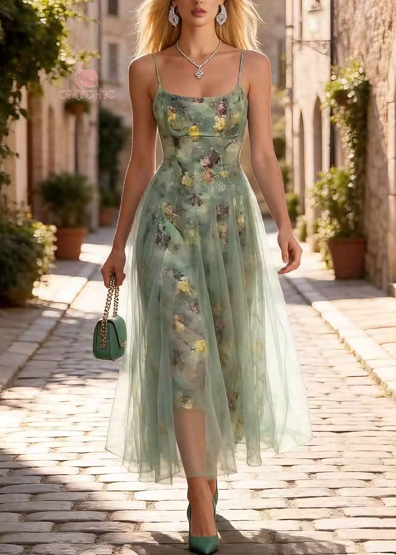 Chic Print Wrinkled Tulle Spaghetti Strap Dress Summer - View 5