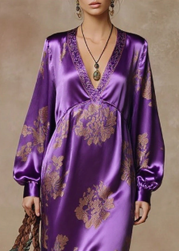 Satin Floral Damask Deep V-Neck Bishop Sleeve Tassel Fringe Maxi Gown