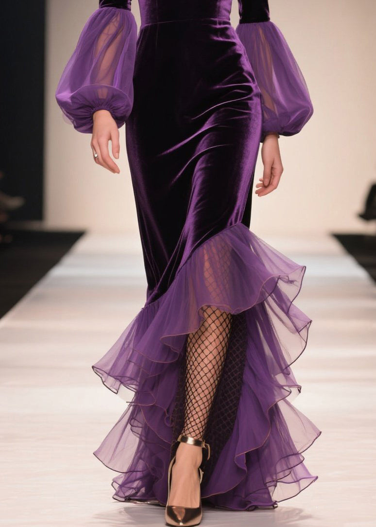 Chic Purple V Neck Asymmetrical Ruffled Patchwork Velvet Dresses Fall 4