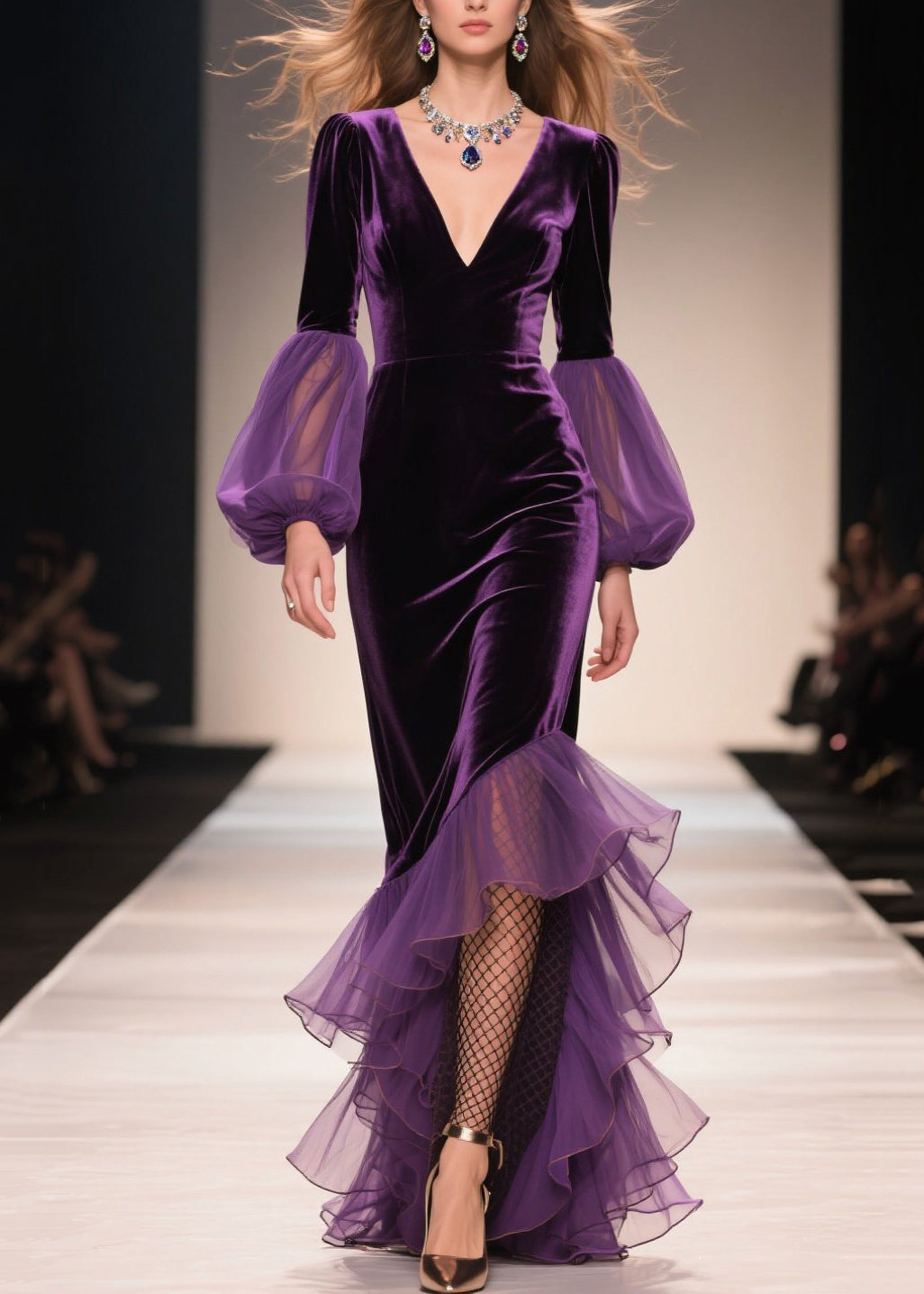 Chic Purple V Neck Asymmetrical Ruffled Patchwork Velvet Dresses Fall 5