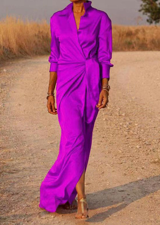 Satin Peter Pan Collar Deep V-Neck Long Sleeve Tie Waist High Split Maxi Dress