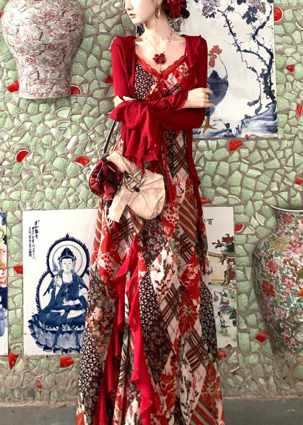 Chic Red Print Exra Large Hem Chiffon Spaghetti Strap Dress Summer 5