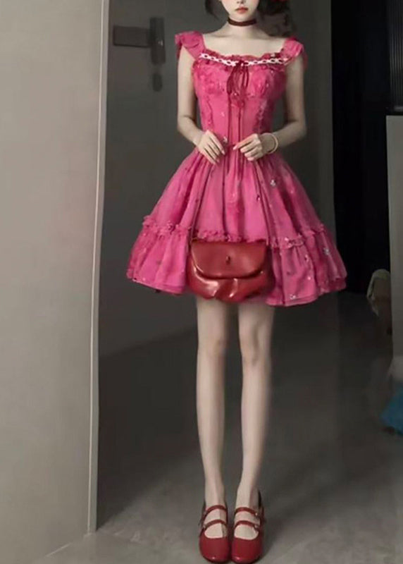 Chic Red Ruffled Patchwork Tie Lace Mid Dress Short Sleeve 2