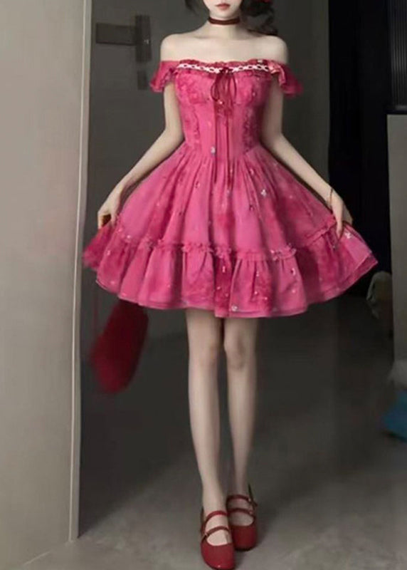 Chic Red Ruffled Patchwork Tie Lace Mid Dress Short Sleeve 4
