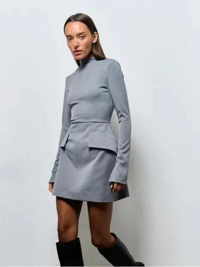 Mock Neck Long Sleeve Peplum Hem Bodycon Mini Dress
