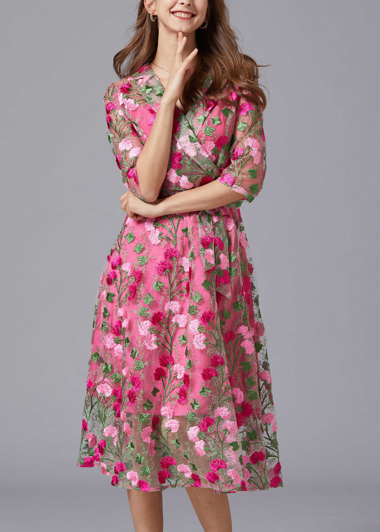Floral Embroidered Tulle Overlay Wrap V-Neck Tie Waist Elbow Sleeve Midi Dress