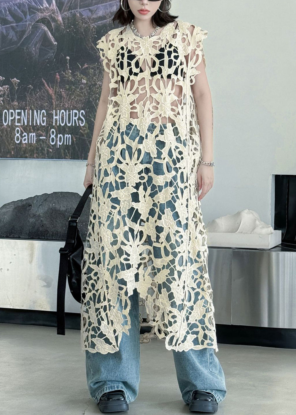 Floral Crochet Lace Sleeveless Hollow Out Longline Sheer Top