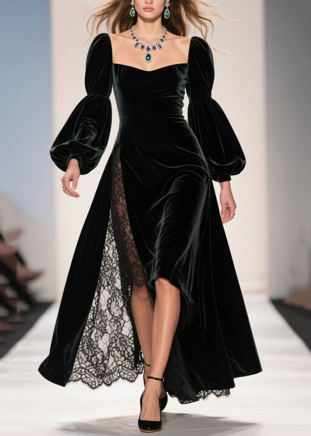 Velvet Square Neck Bishop Sleeve Lace Trim High Split Maxi Gown
