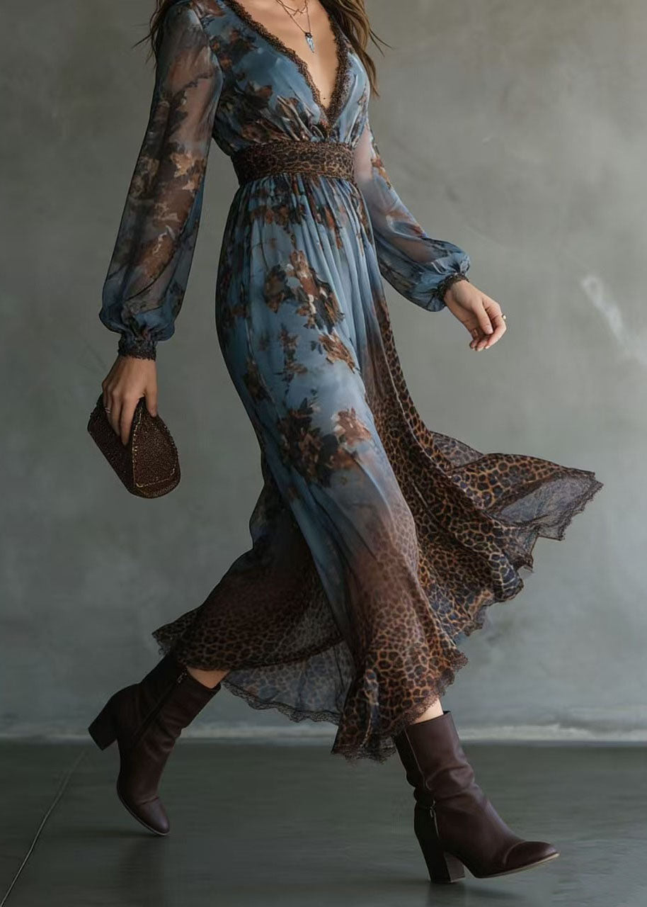 Chiffon Lace Trim V-Neck Bishop Sleeve Leopard Panel Floral Maxi Dress