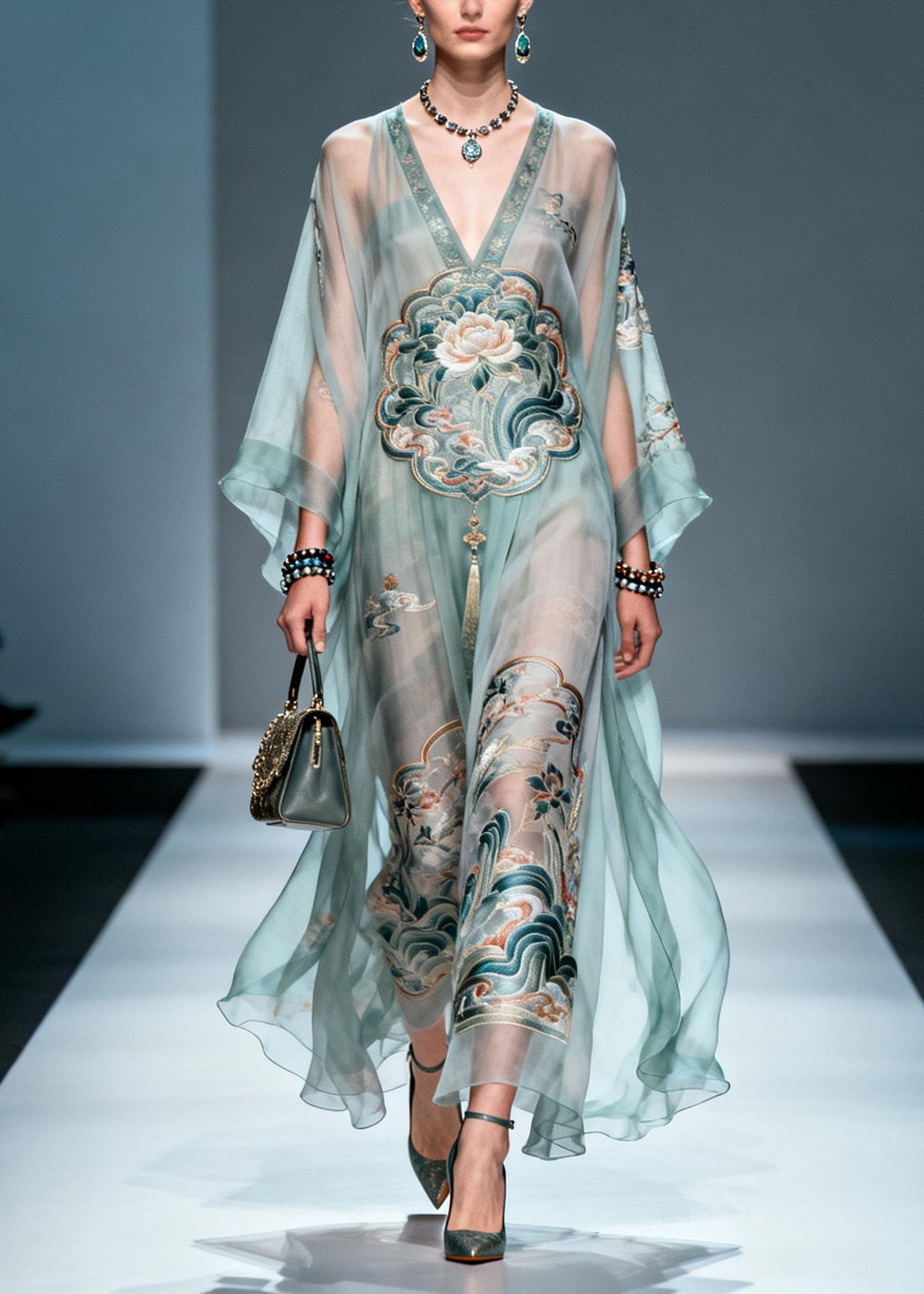 Lotus Embroidery Deep V-Neck Cape Sleeve Sheer Kaftan Maxi Gown