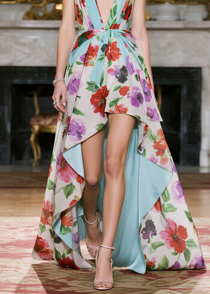 Chic V Neck Print Low High Design Chiffon Spaghetti Strap Dress Summer - View 4