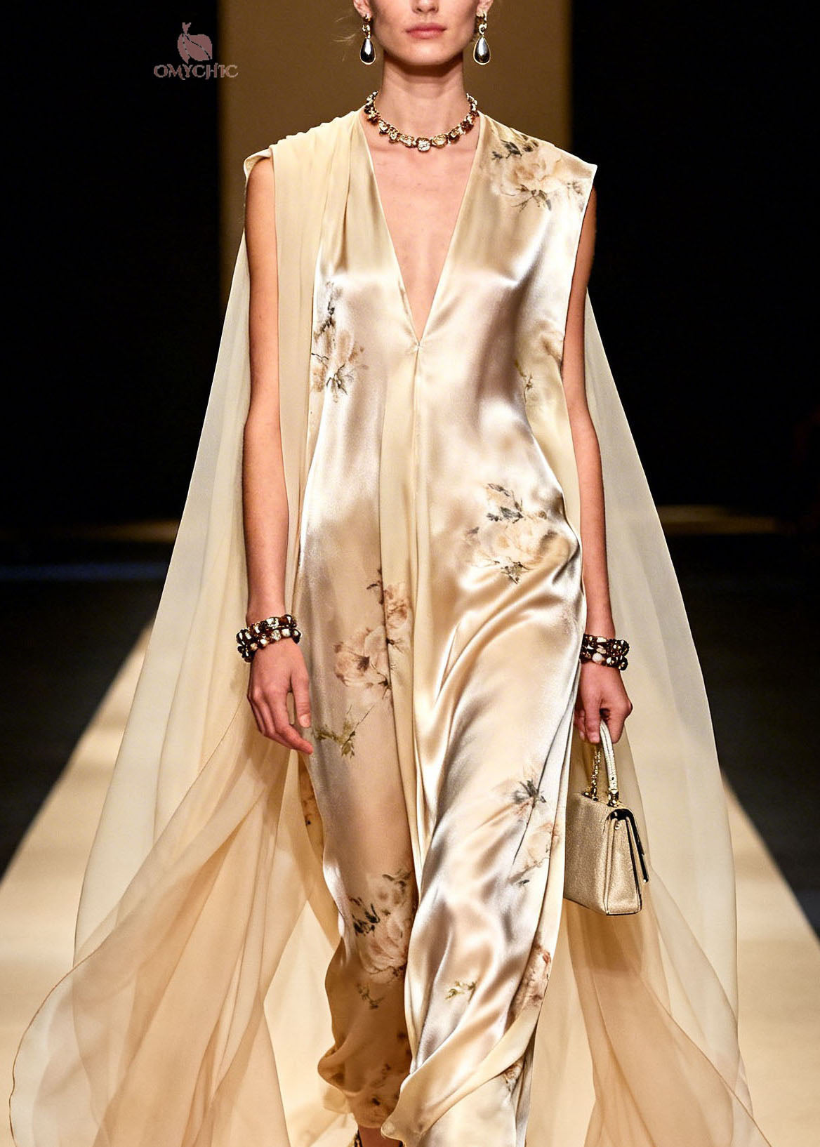 Metallic Floral Print Sleeveless Deep V-Neck Sheer Train Cape Wide Leg Jumpsuit