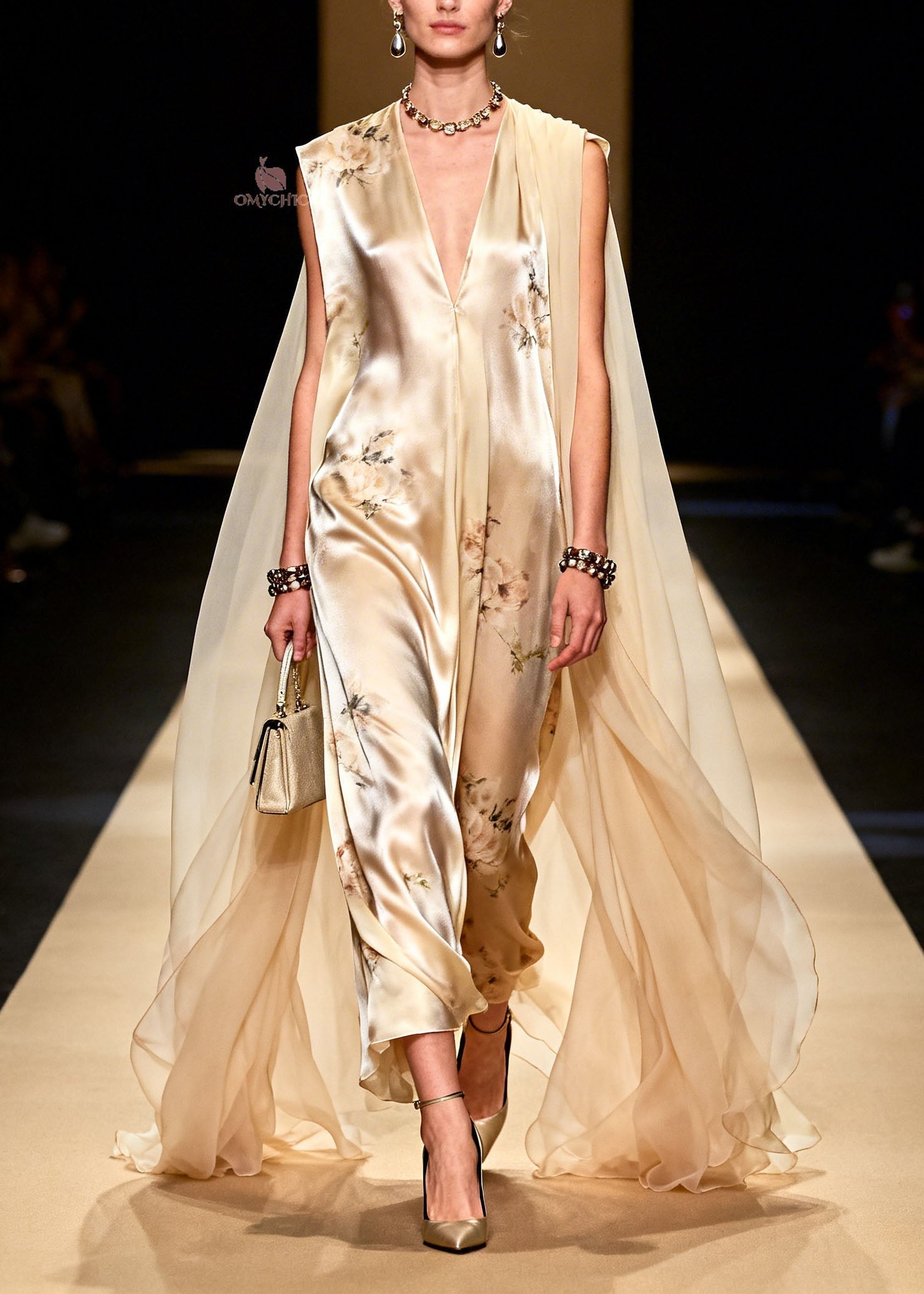 Metallic Floral Print Sleeveless Deep V-Neck Sheer Train Cape Wide Leg Jumpsuit
