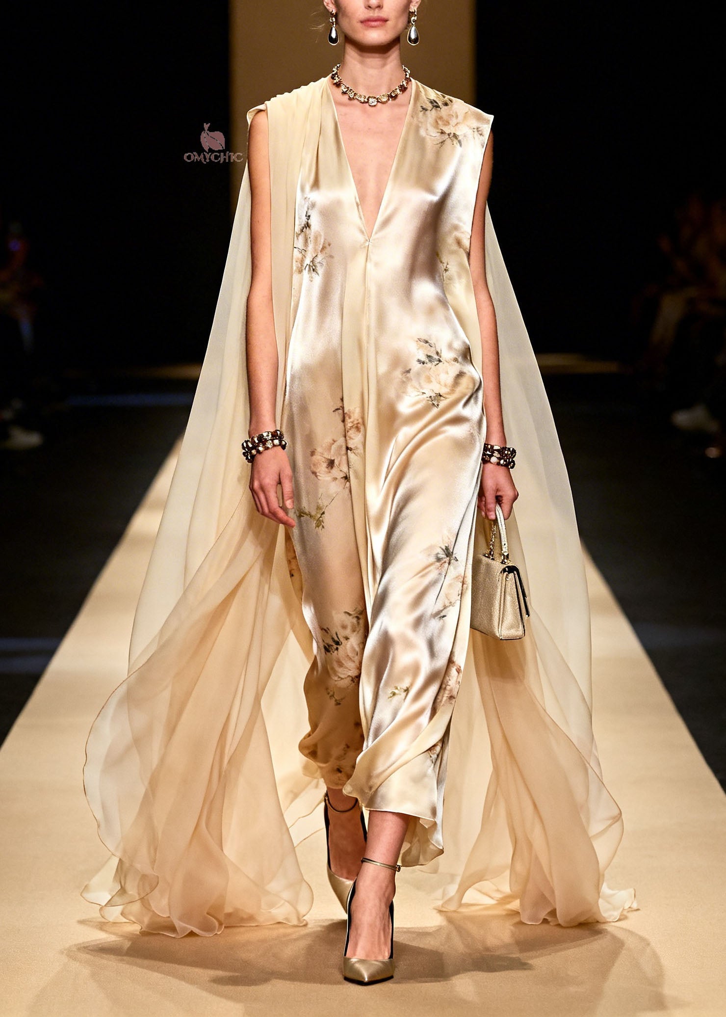 Metallic Floral Print Sleeveless Deep V-Neck Sheer Train Cape Wide Leg Jumpsuit