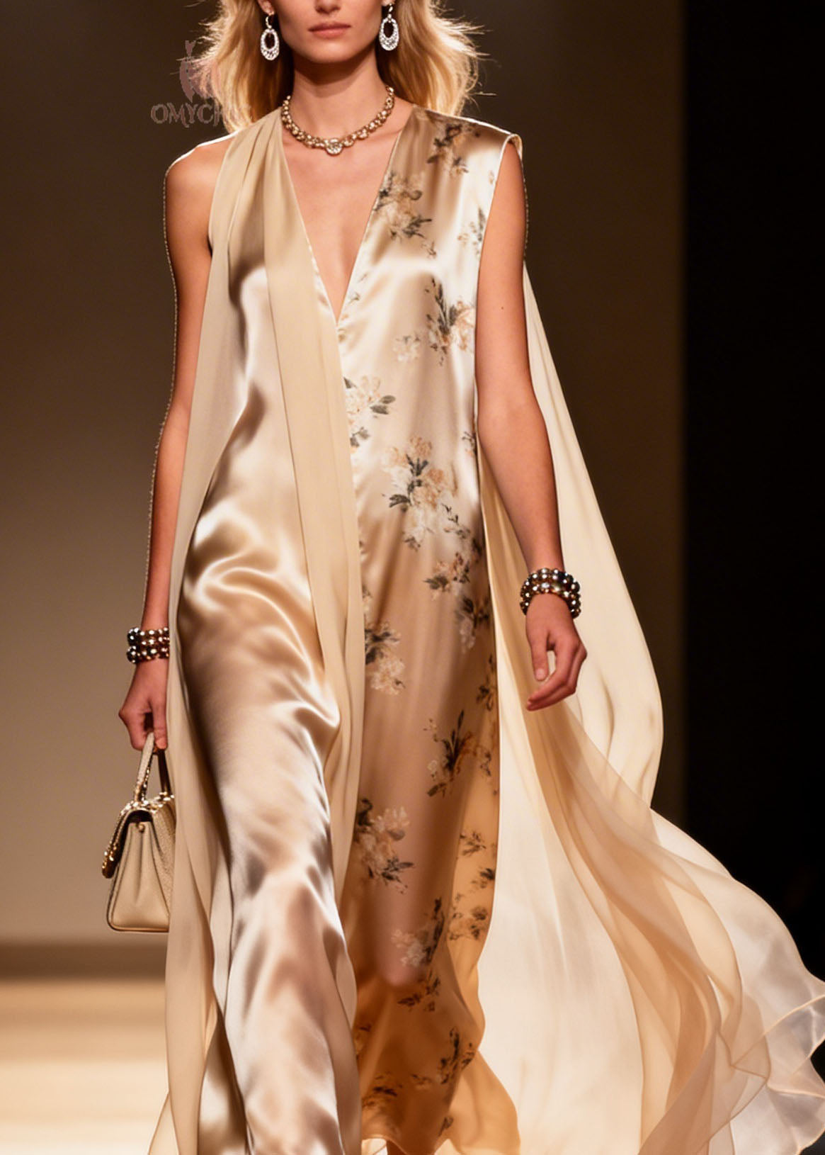 Chic V Neck Print Patchwork Chiffon Maxi Dresses Summer - View 2