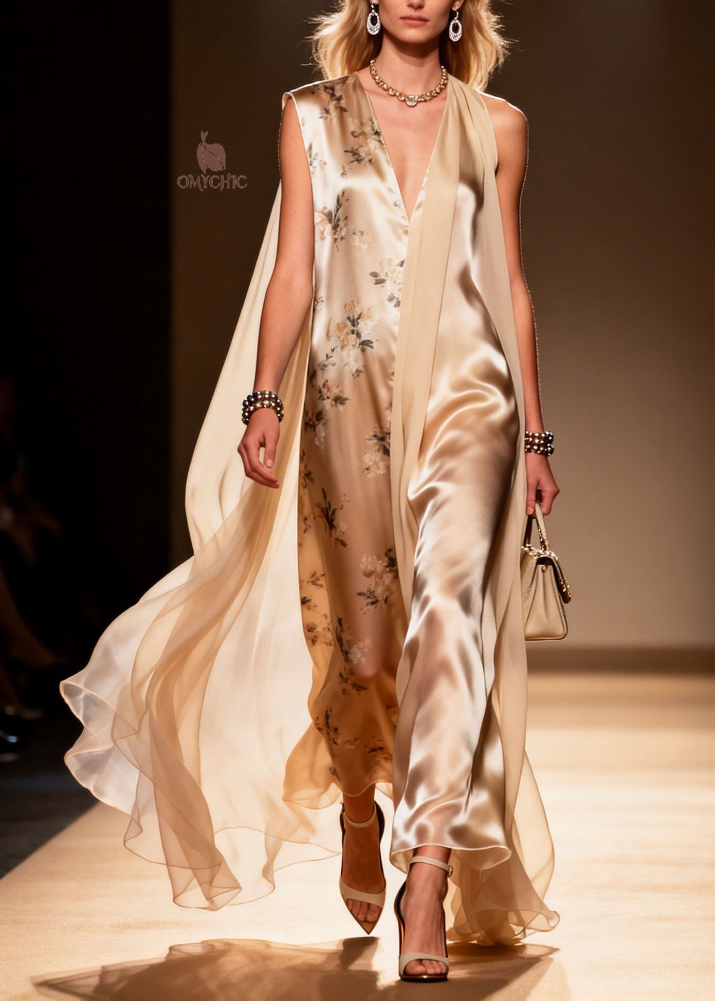 Chic V Neck Print Patchwork Chiffon Maxi Dresses Summer - View 3