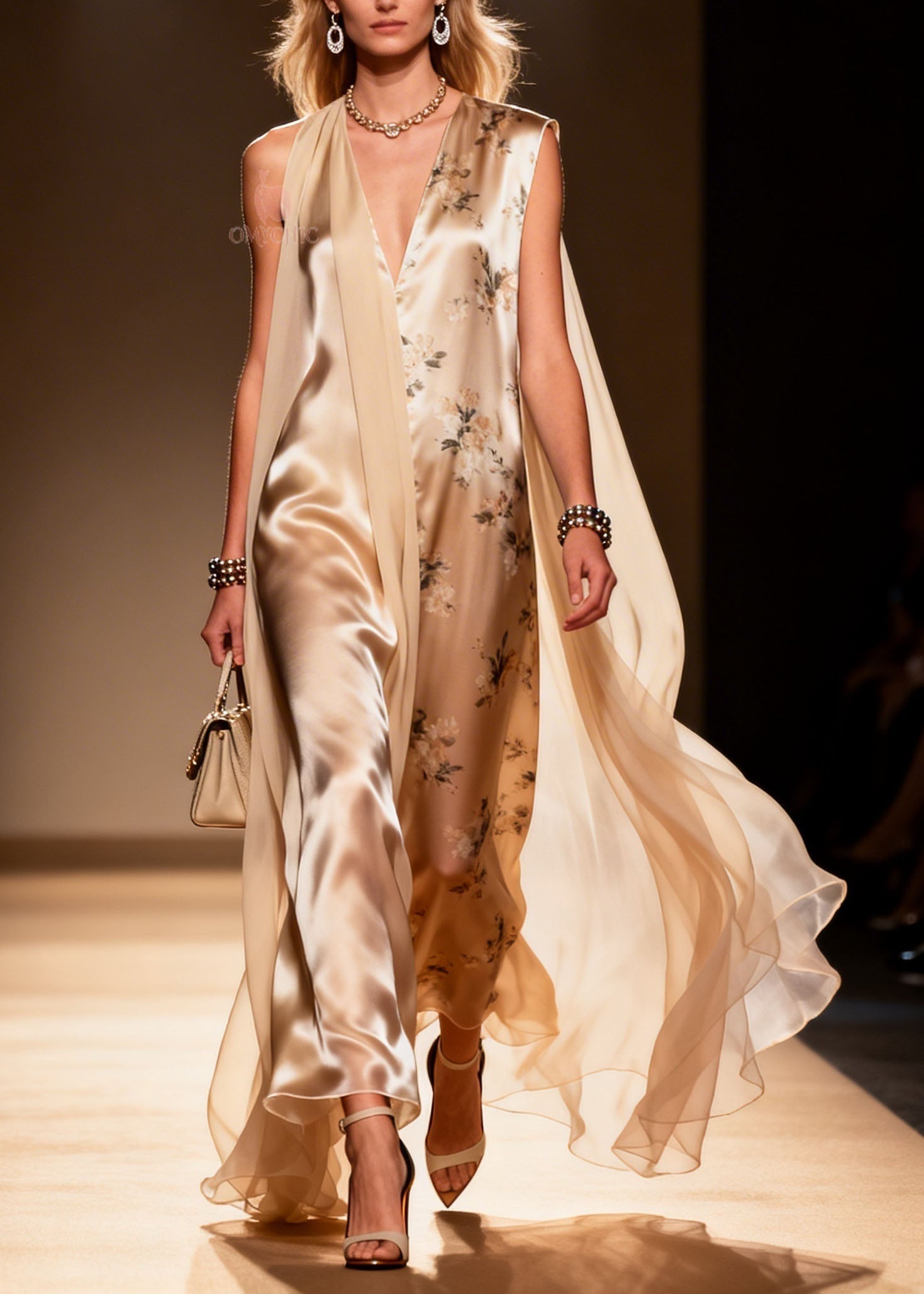 Chic V Neck Print Patchwork Chiffon Maxi Dresses Summer - View 5