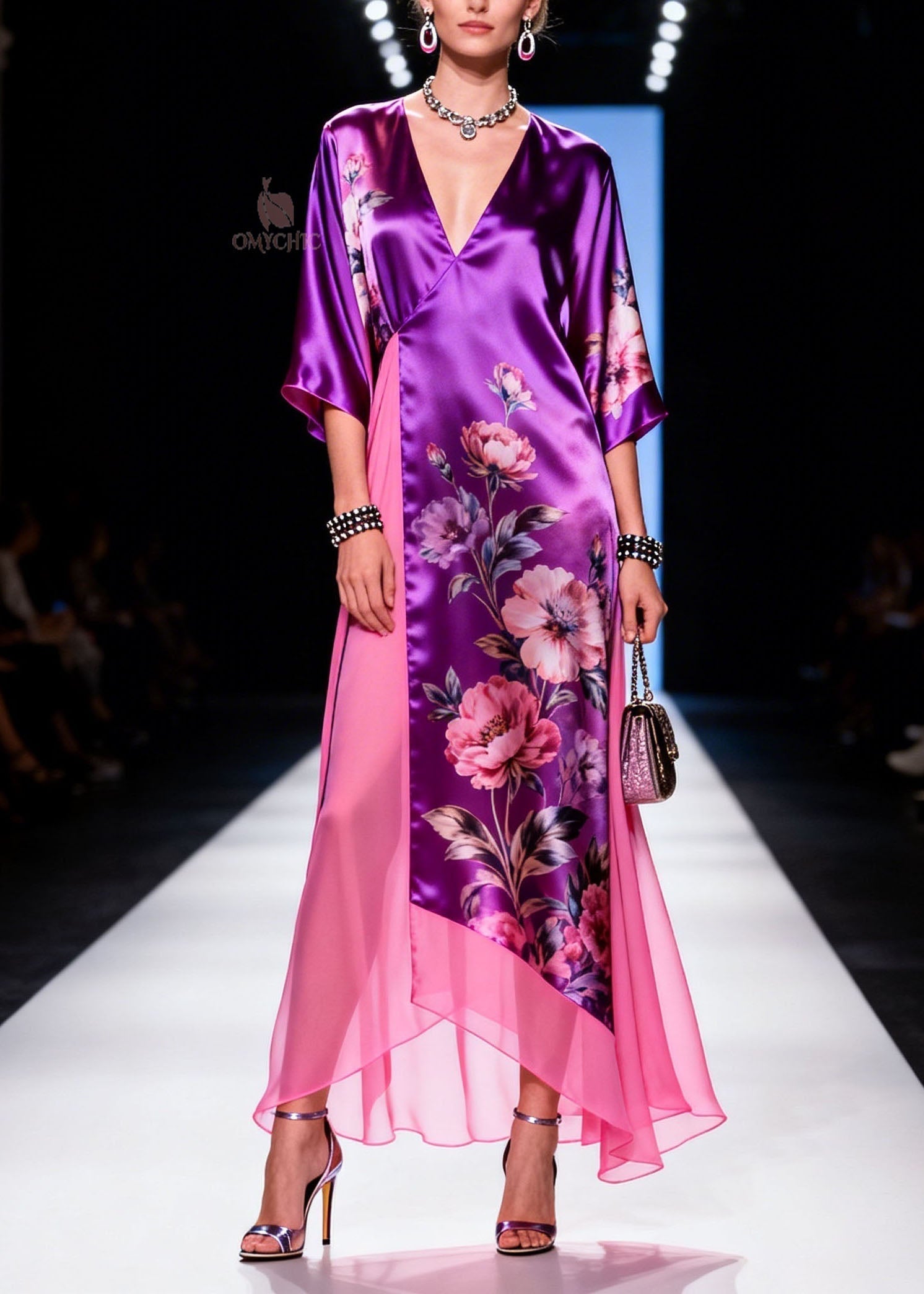 Satin Floral Print Wrap Deep V-Neck Kimono Sleeve Sheer Panel Asymmetric Hem Maxi Gown