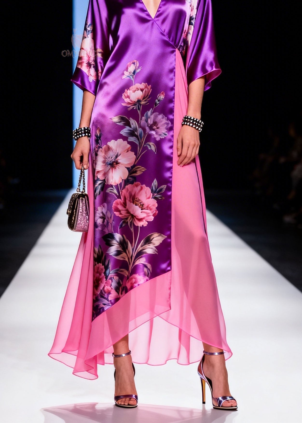 Satin Floral Print Wrap Deep V-Neck Kimono Sleeve Sheer Panel Asymmetric Hem Maxi Gown