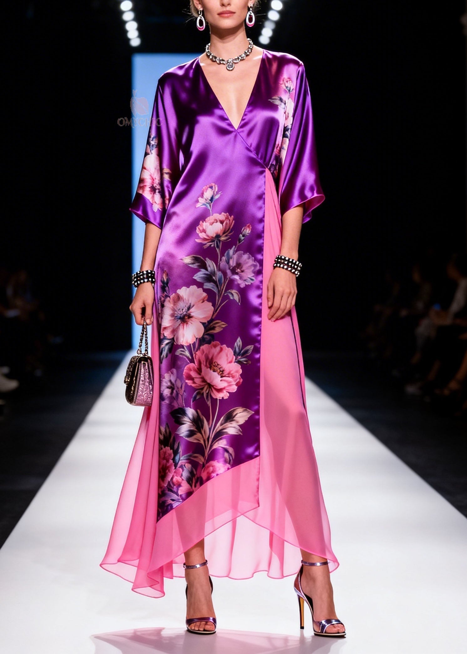 Satin Floral Print Wrap Deep V-Neck Kimono Sleeve Sheer Panel Asymmetric Hem Maxi Gown